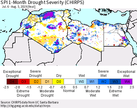 North Africa SPI 1-Month Drought Severity (CHIRPS) Thematic Map For 7/6/2019 - 8/5/2019