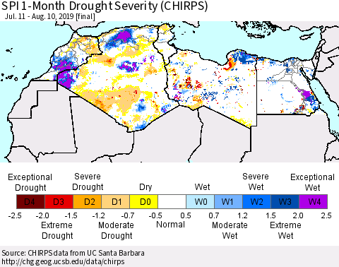 North Africa SPI 1-Month Drought Severity (CHIRPS) Thematic Map For 7/11/2019 - 8/10/2019