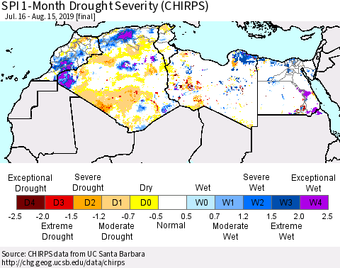 North Africa SPI 1-Month Drought Severity (CHIRPS) Thematic Map For 7/16/2019 - 8/15/2019