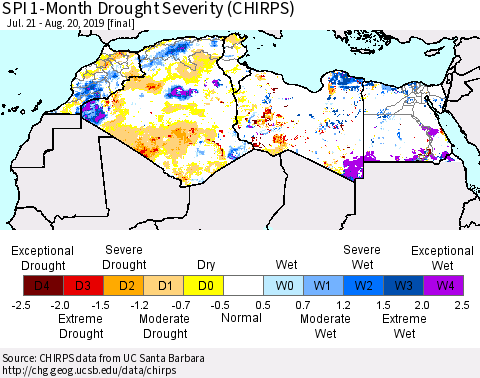 North Africa SPI 1-Month Drought Severity (CHIRPS) Thematic Map For 7/21/2019 - 8/20/2019