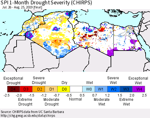 North Africa SPI 1-Month Drought Severity (CHIRPS) Thematic Map For 7/26/2019 - 8/25/2019