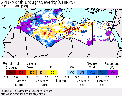 North Africa SPI 1-Month Drought Severity (CHIRPS) Thematic Map For 8/1/2019 - 8/31/2019