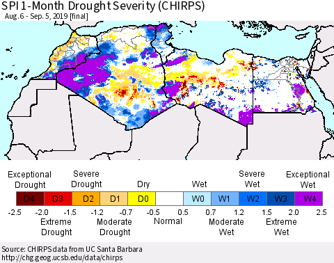 North Africa SPI 1-Month Drought Severity (CHIRPS) Thematic Map For 8/6/2019 - 9/5/2019
