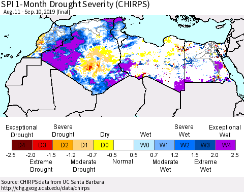 North Africa SPI 1-Month Drought Severity (CHIRPS) Thematic Map For 8/11/2019 - 9/10/2019