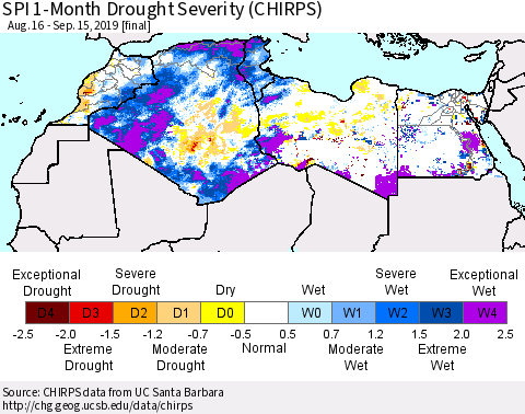 North Africa SPI 1-Month Drought Severity (CHIRPS) Thematic Map For 8/16/2019 - 9/15/2019