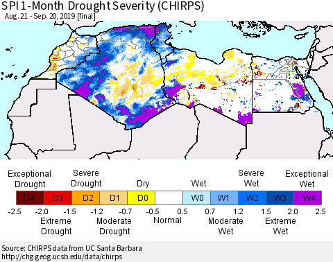 North Africa SPI 1-Month Drought Severity (CHIRPS) Thematic Map For 8/21/2019 - 9/20/2019