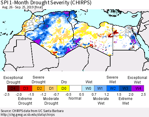 North Africa SPI 1-Month Drought Severity (CHIRPS) Thematic Map For 8/26/2019 - 9/25/2019