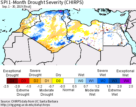 North Africa SPI 1-Month Drought Severity (CHIRPS) Thematic Map For 9/1/2019 - 9/30/2019