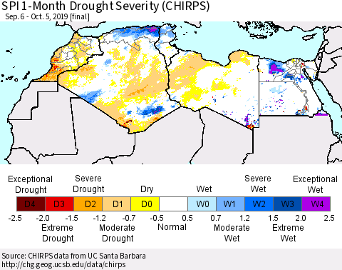 North Africa SPI 1-Month Drought Severity (CHIRPS) Thematic Map For 9/6/2019 - 10/5/2019