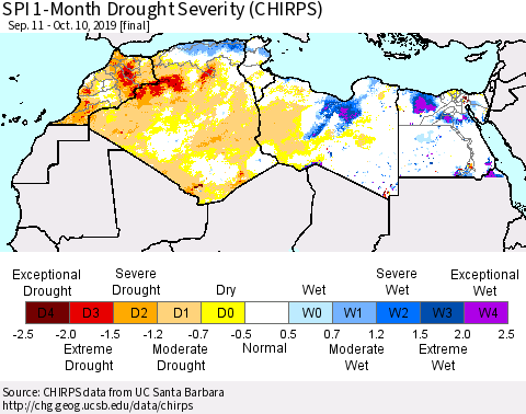 North Africa SPI 1-Month Drought Severity (CHIRPS) Thematic Map For 9/11/2019 - 10/10/2019