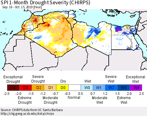 North Africa SPI 1-Month Drought Severity (CHIRPS) Thematic Map For 9/16/2019 - 10/15/2019
