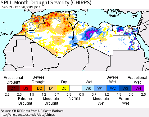 North Africa SPI 1-Month Drought Severity (CHIRPS) Thematic Map For 9/21/2019 - 10/20/2019