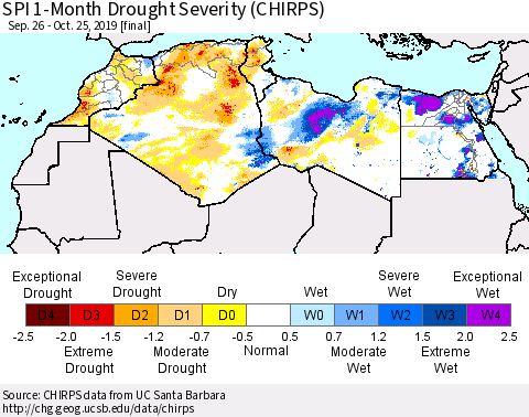 North Africa SPI 1-Month Drought Severity (CHIRPS) Thematic Map For 9/26/2019 - 10/25/2019