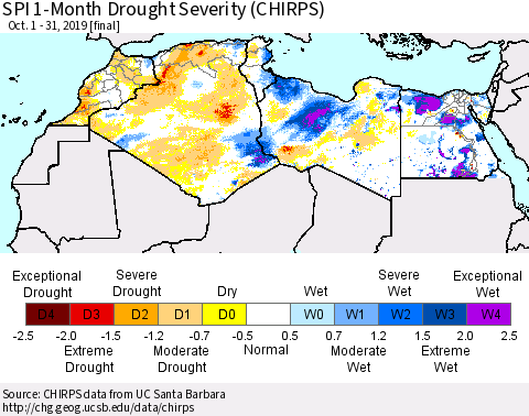 North Africa SPI 1-Month Drought Severity (CHIRPS) Thematic Map For 10/1/2019 - 10/31/2019