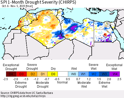 North Africa SPI 1-Month Drought Severity (CHIRPS) Thematic Map For 10/6/2019 - 11/5/2019