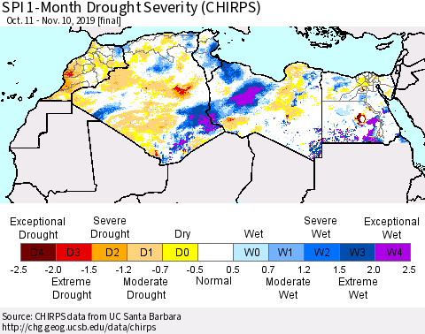 North Africa SPI 1-Month Drought Severity (CHIRPS) Thematic Map For 10/11/2019 - 11/10/2019