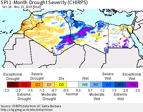 North Africa SPI 1-Month Drought Severity (CHIRPS) Thematic Map For 10/16/2019 - 11/15/2019