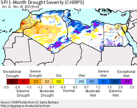 North Africa SPI 1-Month Drought Severity (CHIRPS) Thematic Map For 10/21/2019 - 11/20/2019