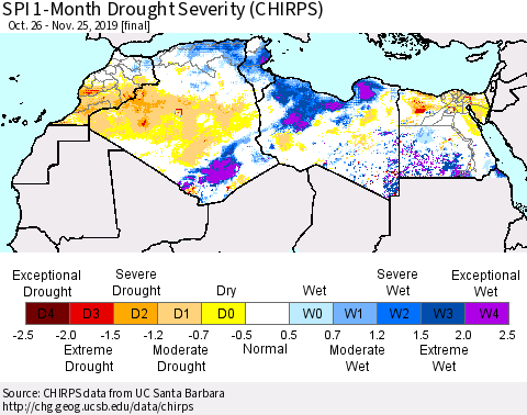North Africa SPI 1-Month Drought Severity (CHIRPS) Thematic Map For 10/26/2019 - 11/25/2019