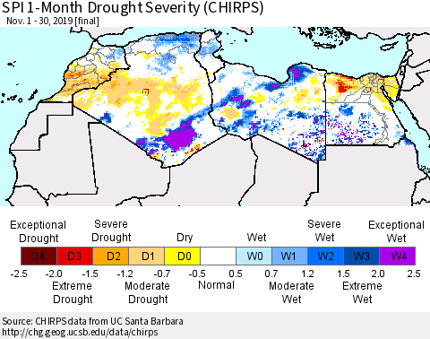 North Africa SPI 1-Month Drought Severity (CHIRPS) Thematic Map For 11/1/2019 - 11/30/2019