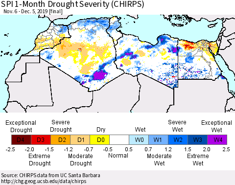 North Africa SPI 1-Month Drought Severity (CHIRPS) Thematic Map For 11/6/2019 - 12/5/2019