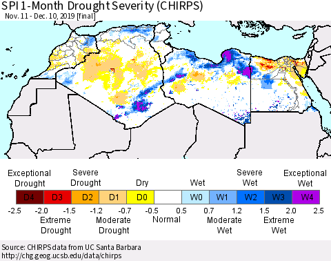 North Africa SPI 1-Month Drought Severity (CHIRPS) Thematic Map For 11/11/2019 - 12/10/2019