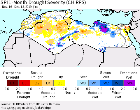North Africa SPI 1-Month Drought Severity (CHIRPS) Thematic Map For 11/16/2019 - 12/15/2019