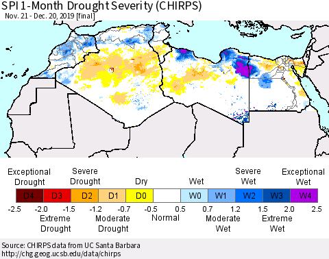 North Africa SPI 1-Month Drought Severity (CHIRPS) Thematic Map For 11/21/2019 - 12/20/2019
