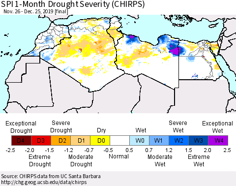North Africa SPI 1-Month Drought Severity (CHIRPS) Thematic Map For 11/26/2019 - 12/25/2019