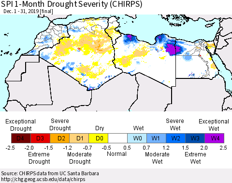North Africa SPI 1-Month Drought Severity (CHIRPS) Thematic Map For 12/1/2019 - 12/31/2019