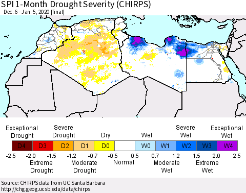 North Africa SPI 1-Month Drought Severity (CHIRPS) Thematic Map For 12/6/2019 - 1/5/2020