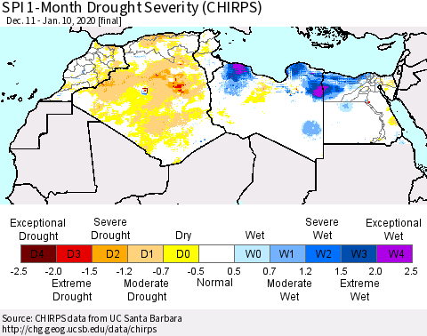 North Africa SPI 1-Month Drought Severity (CHIRPS) Thematic Map For 12/11/2019 - 1/10/2020