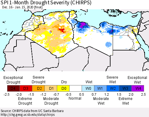 North Africa SPI 1-Month Drought Severity (CHIRPS) Thematic Map For 12/16/2019 - 1/15/2020