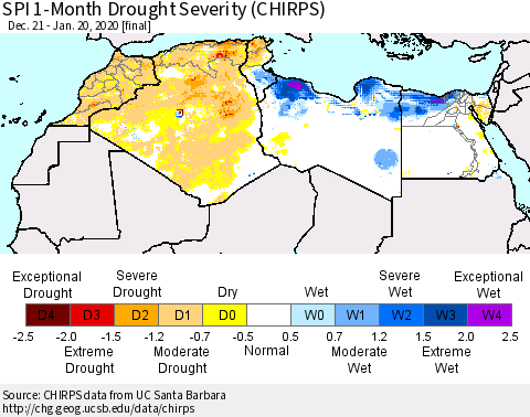 North Africa SPI 1-Month Drought Severity (CHIRPS) Thematic Map For 12/21/2019 - 1/20/2020