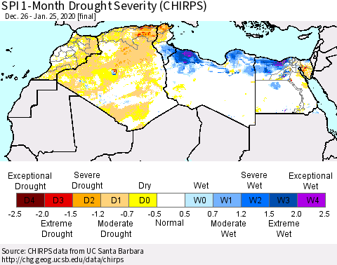 North Africa SPI 1-Month Drought Severity (CHIRPS) Thematic Map For 12/26/2019 - 1/25/2020