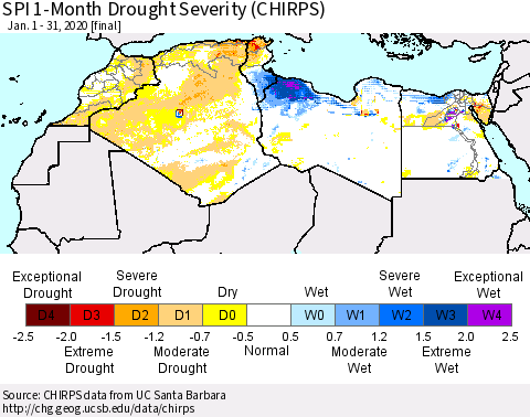 North Africa SPI 1-Month Drought Severity (CHIRPS) Thematic Map For 1/1/2020 - 1/31/2020