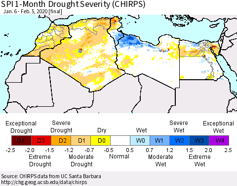 North Africa SPI 1-Month Drought Severity (CHIRPS) Thematic Map For 1/6/2020 - 2/5/2020