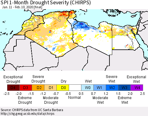 North Africa SPI 1-Month Drought Severity (CHIRPS) Thematic Map For 1/11/2020 - 2/10/2020