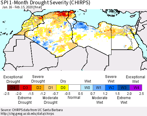 North Africa SPI 1-Month Drought Severity (CHIRPS) Thematic Map For 1/16/2020 - 2/15/2020