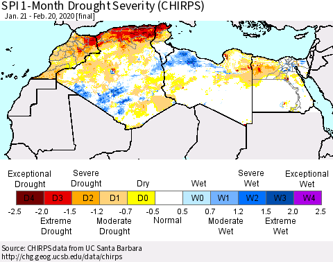 North Africa SPI 1-Month Drought Severity (CHIRPS) Thematic Map For 1/21/2020 - 2/20/2020