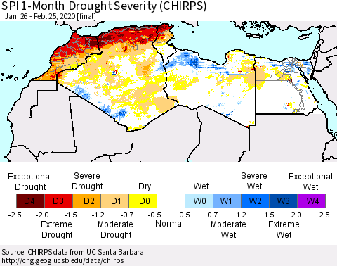 North Africa SPI 1-Month Drought Severity (CHIRPS) Thematic Map For 1/26/2020 - 2/25/2020