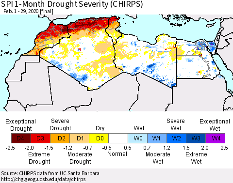 North Africa SPI 1-Month Drought Severity (CHIRPS) Thematic Map For 2/1/2020 - 2/29/2020