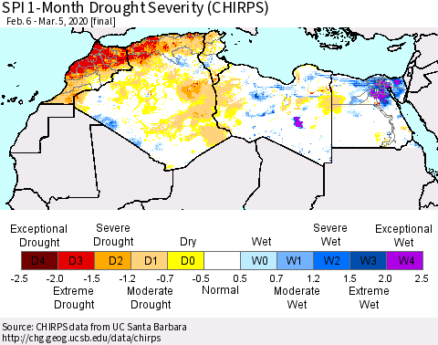 North Africa SPI 1-Month Drought Severity (CHIRPS) Thematic Map For 2/6/2020 - 3/5/2020