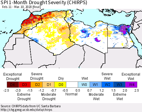 North Africa SPI 1-Month Drought Severity (CHIRPS) Thematic Map For 2/11/2020 - 3/10/2020