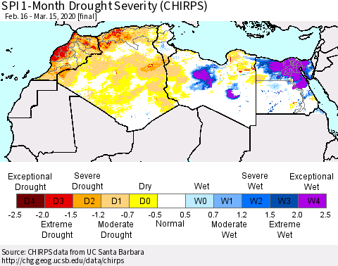 North Africa SPI 1-Month Drought Severity (CHIRPS) Thematic Map For 2/16/2020 - 3/15/2020