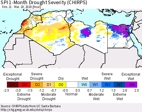 North Africa SPI 1-Month Drought Severity (CHIRPS) Thematic Map For 2/21/2020 - 3/20/2020