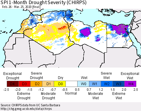 North Africa SPI 1-Month Drought Severity (CHIRPS) Thematic Map For 2/26/2020 - 3/25/2020