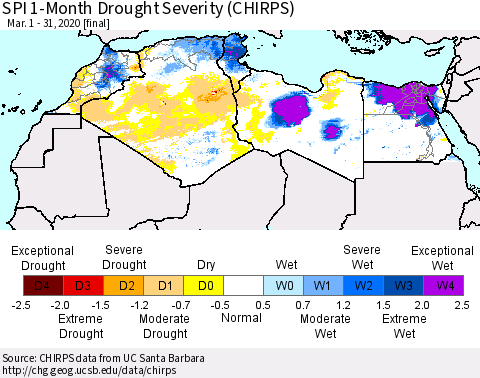 North Africa SPI 1-Month Drought Severity (CHIRPS) Thematic Map For 3/1/2020 - 3/31/2020