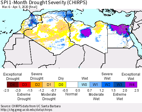 North Africa SPI 1-Month Drought Severity (CHIRPS) Thematic Map For 3/6/2020 - 4/5/2020