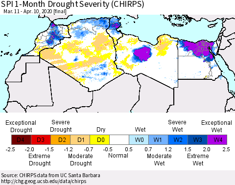 North Africa SPI 1-Month Drought Severity (CHIRPS) Thematic Map For 3/11/2020 - 4/10/2020